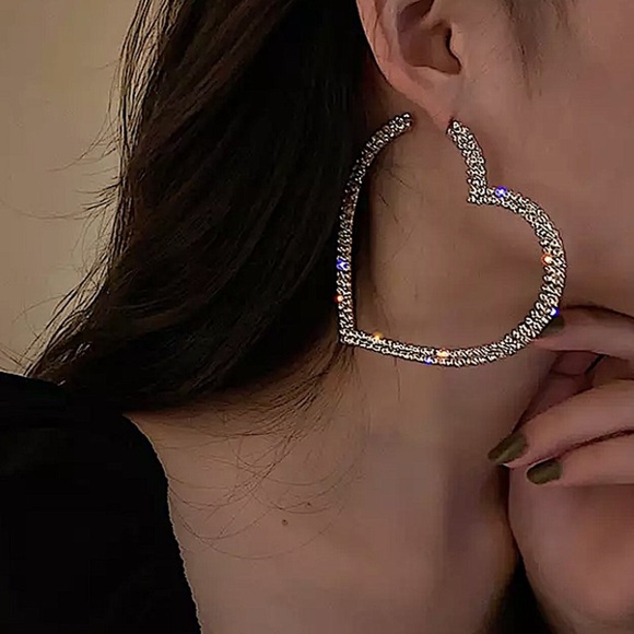 Diamond Oversized Gold Rhinestone Heart Hoop Earrings - Picture 5 of 11